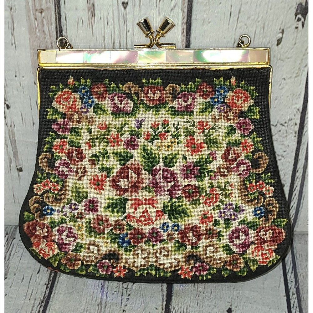 7" Vtg Floral Petit Point Clutch Purse Multicolor Flowers Roses Mother Of Pearl